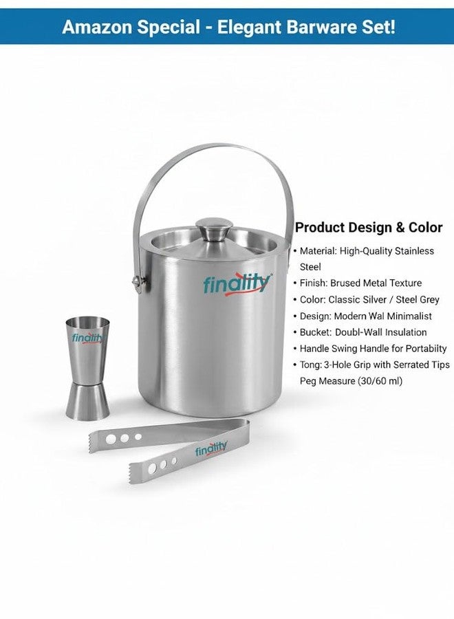 FINALITY Stainless Steel Double Walled Insulated Ice Bucket with Lid with Tong and V Peg Measure, 1.5 Liter - Image 5